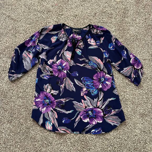 Yumi Kim navy blue floral silk 3/4 sleeve top size XS - Picture 5 of 13